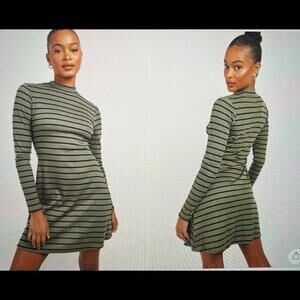 Boohoo Olive Striped Long Sleeve Dress